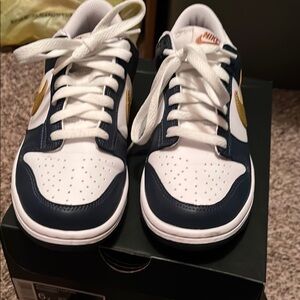 Nike White and Blue Sneakers with Gold Accents grade school